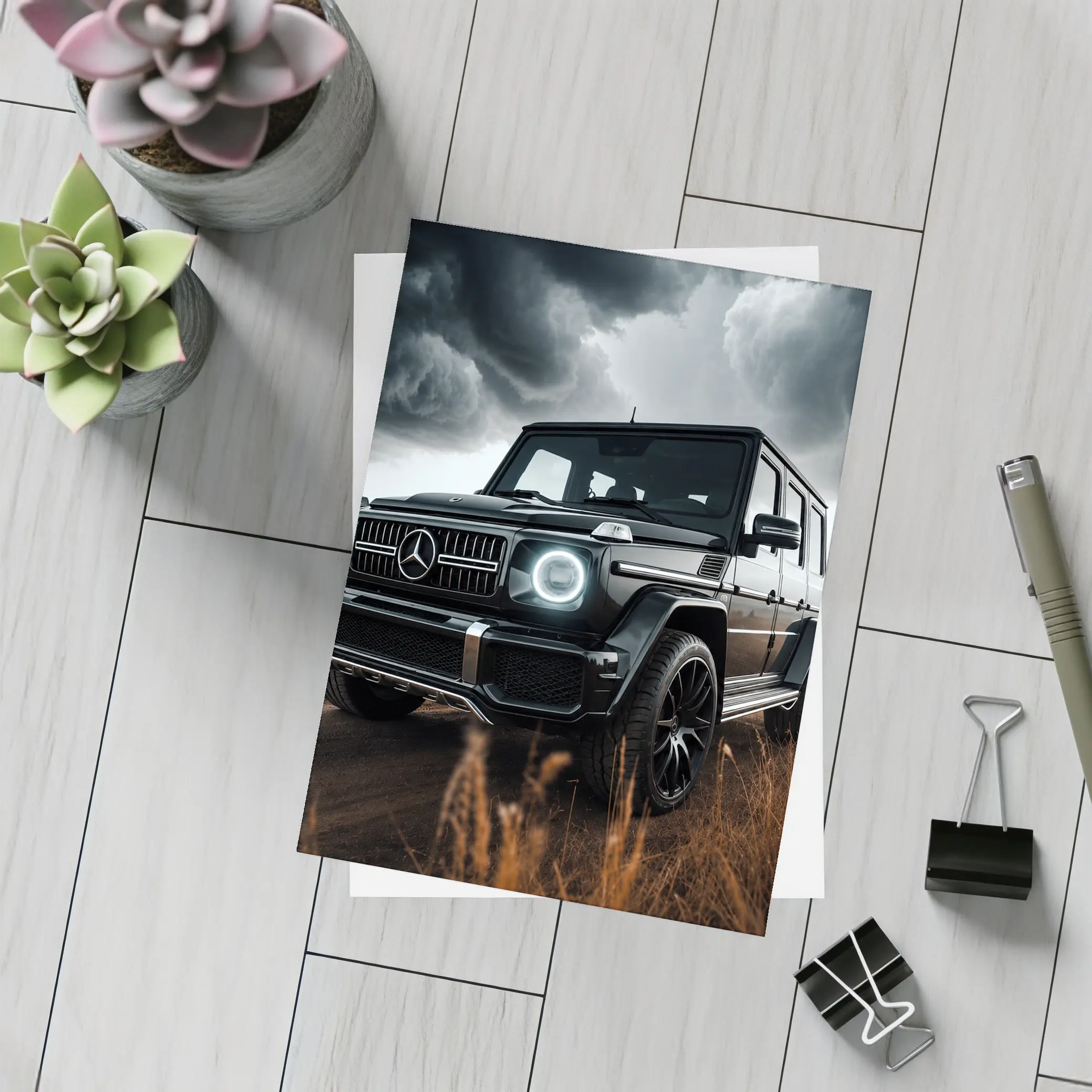 Mercedes G Class Dark Stormy Field Scene – Postcards