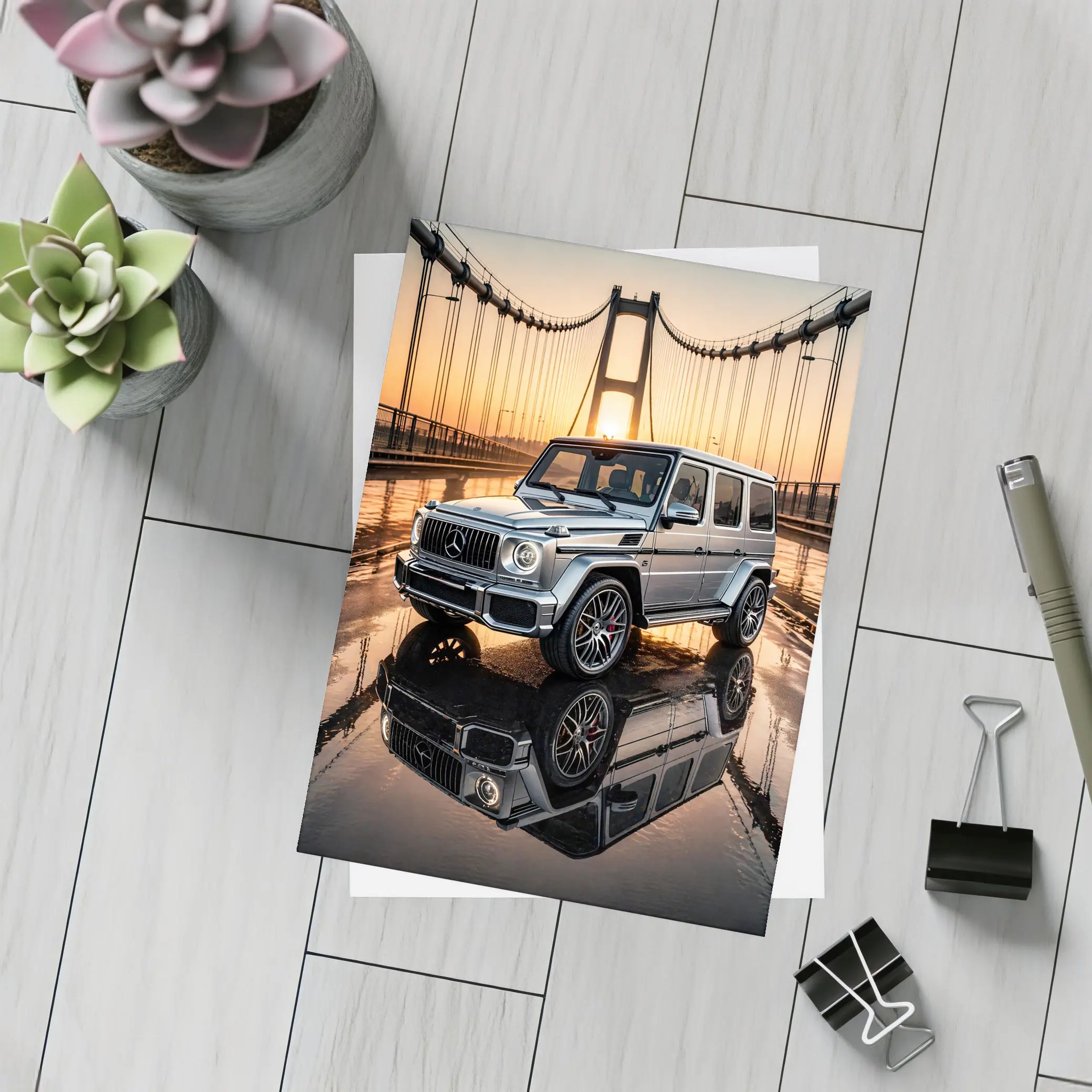 Mercedes G Wagen Silver Bridge Sunset – Postcards