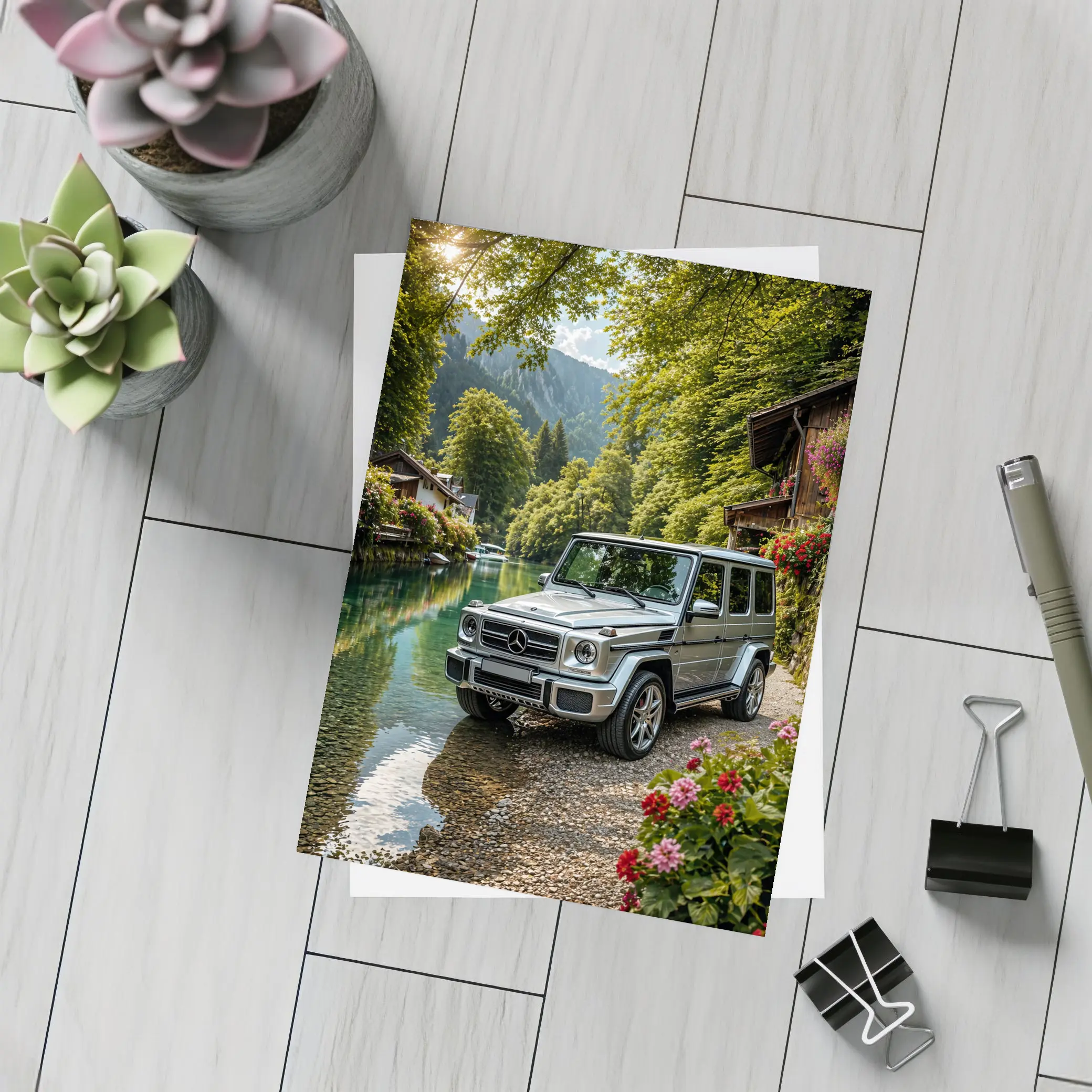 Mercedes G Wagen Silver By Mountain River – Postcards