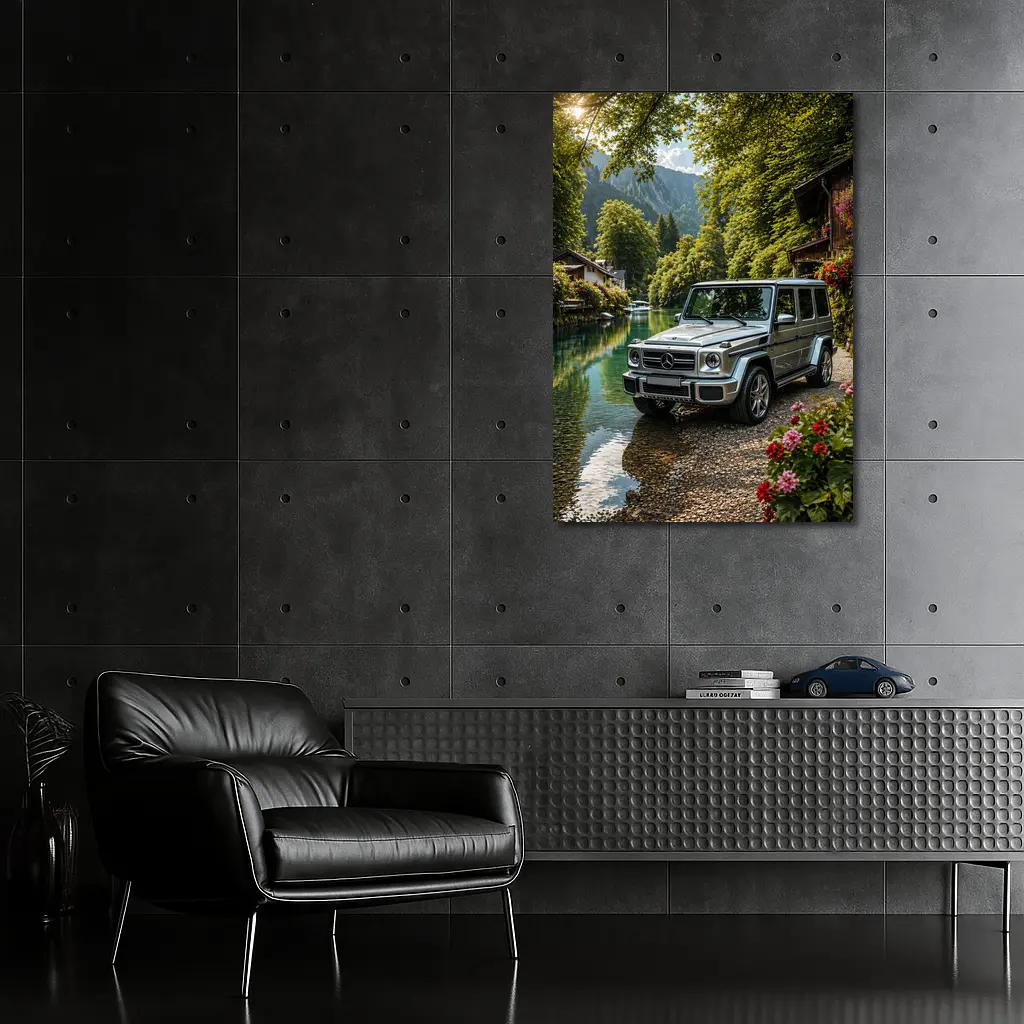 Mercedes G Wagen Silver By Mountain River – Wall Art
