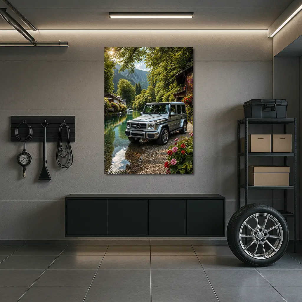 Mercedes G Wagen Silver By Mountain River – Wall Art