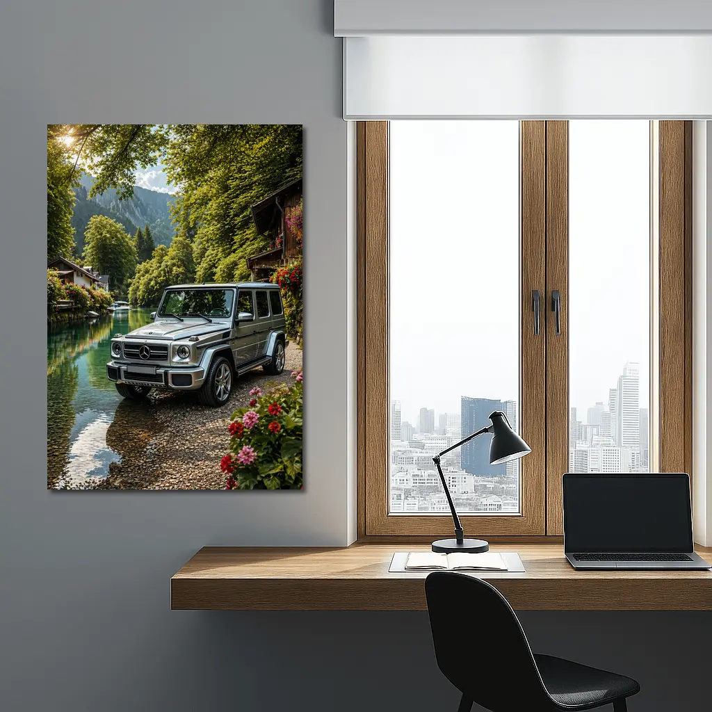 Mercedes G Wagen Silver By Mountain River – Wall Art