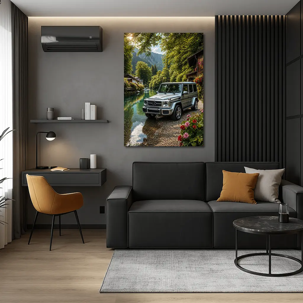 Mercedes G Wagen Silver By Mountain River – Wall Art