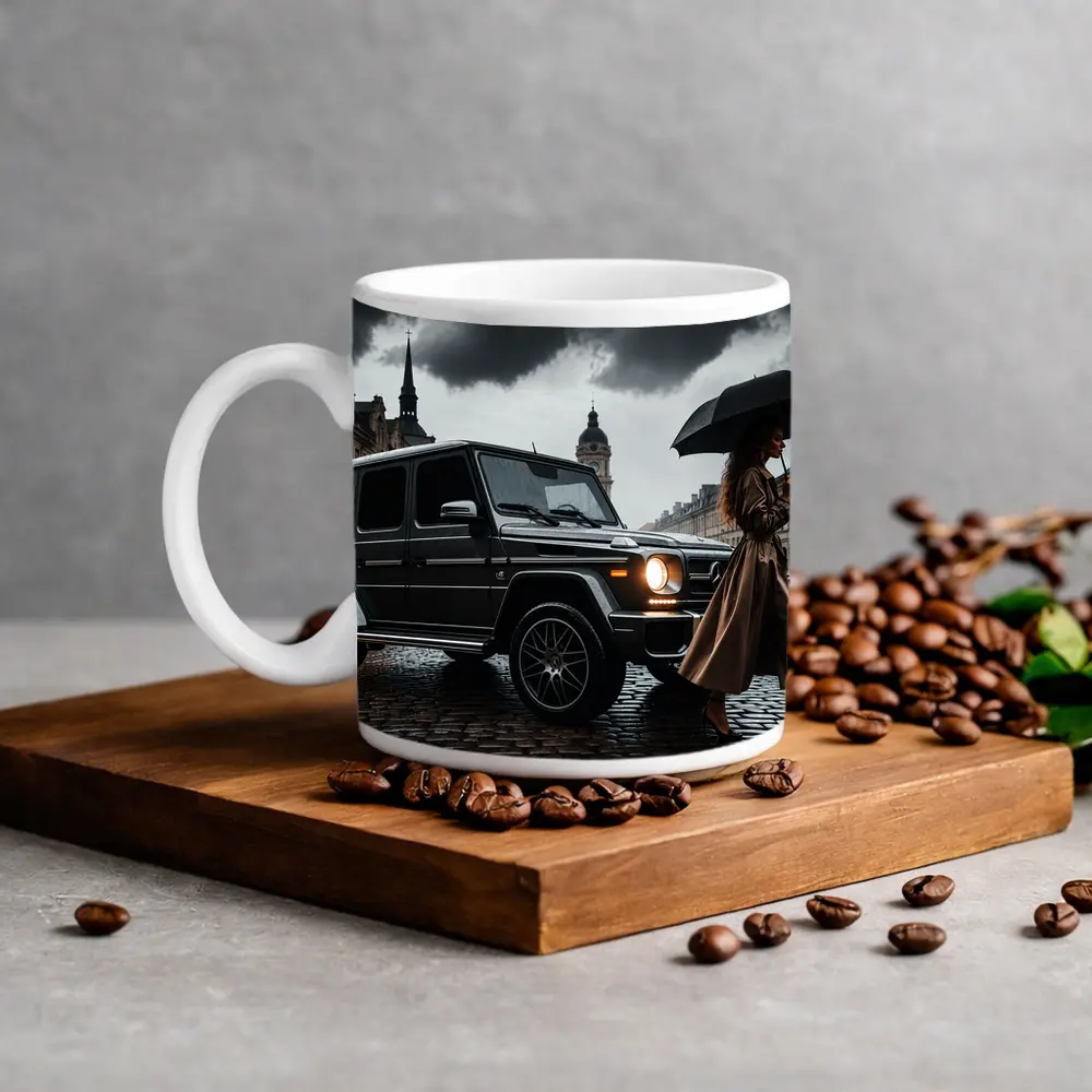 Mercedes G Wagon Rainy European City Street – Mugs