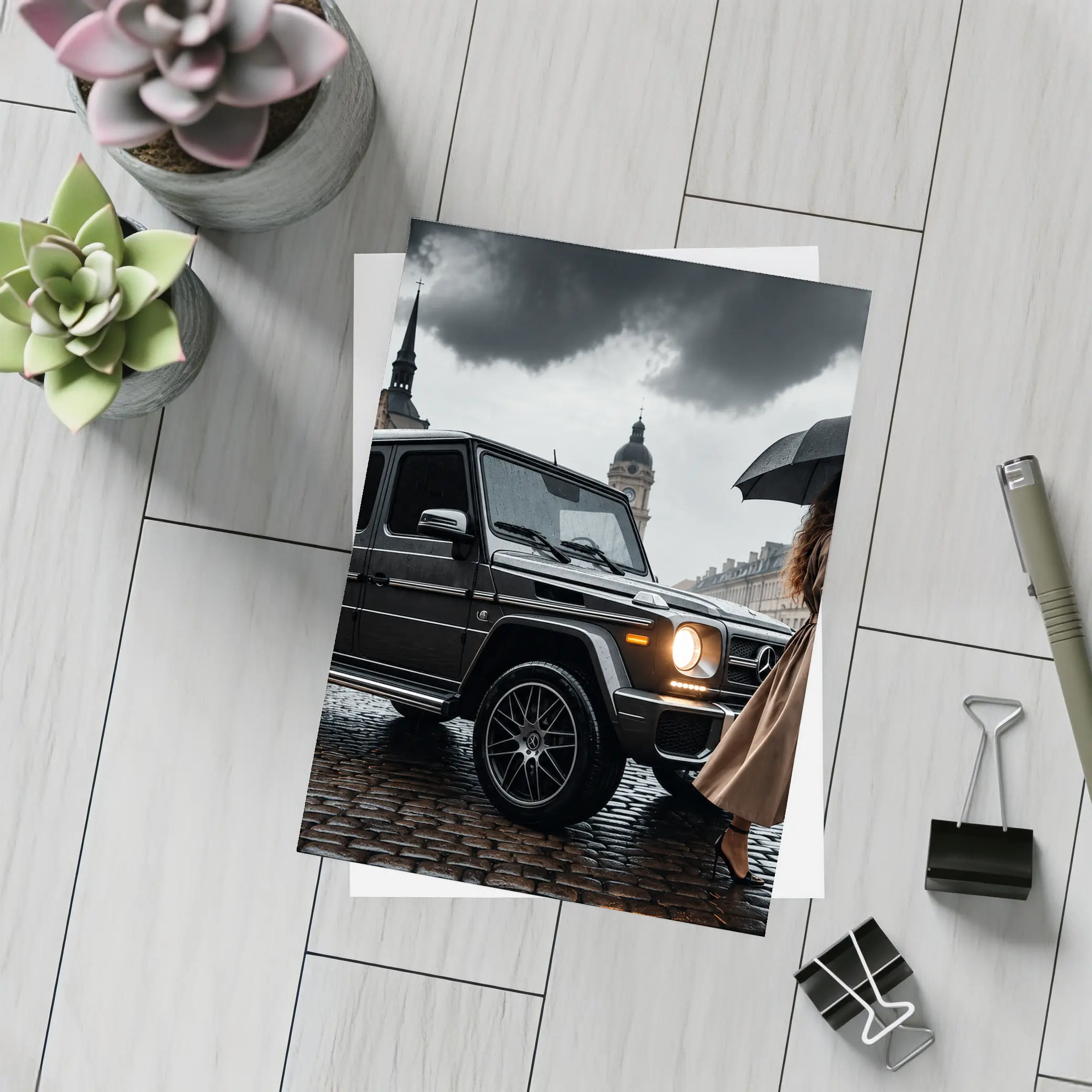 Mercedes G Wagon Rainy European City Street – Postcards
