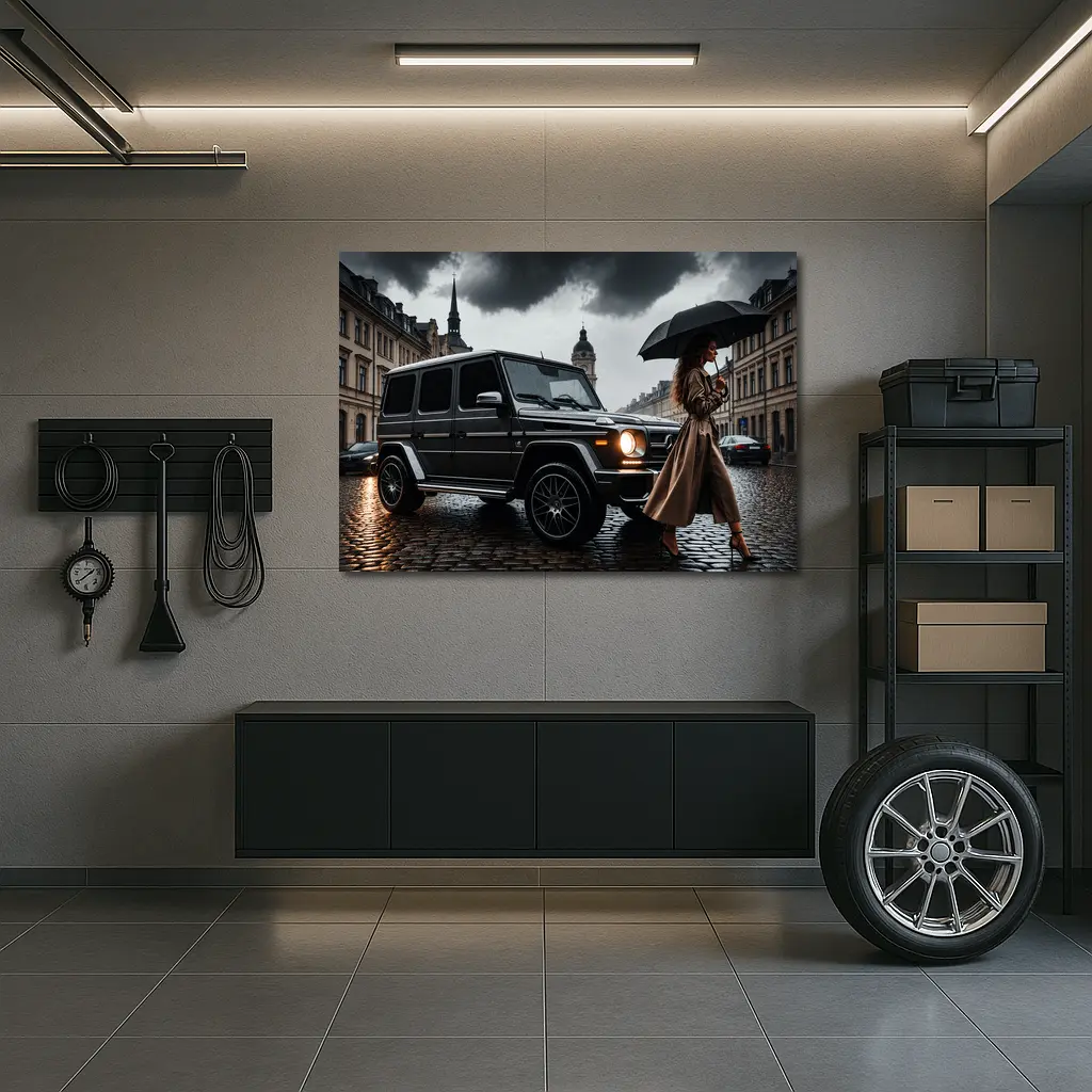 Mercedes G Wagon Rainy European City Street – Wall Art