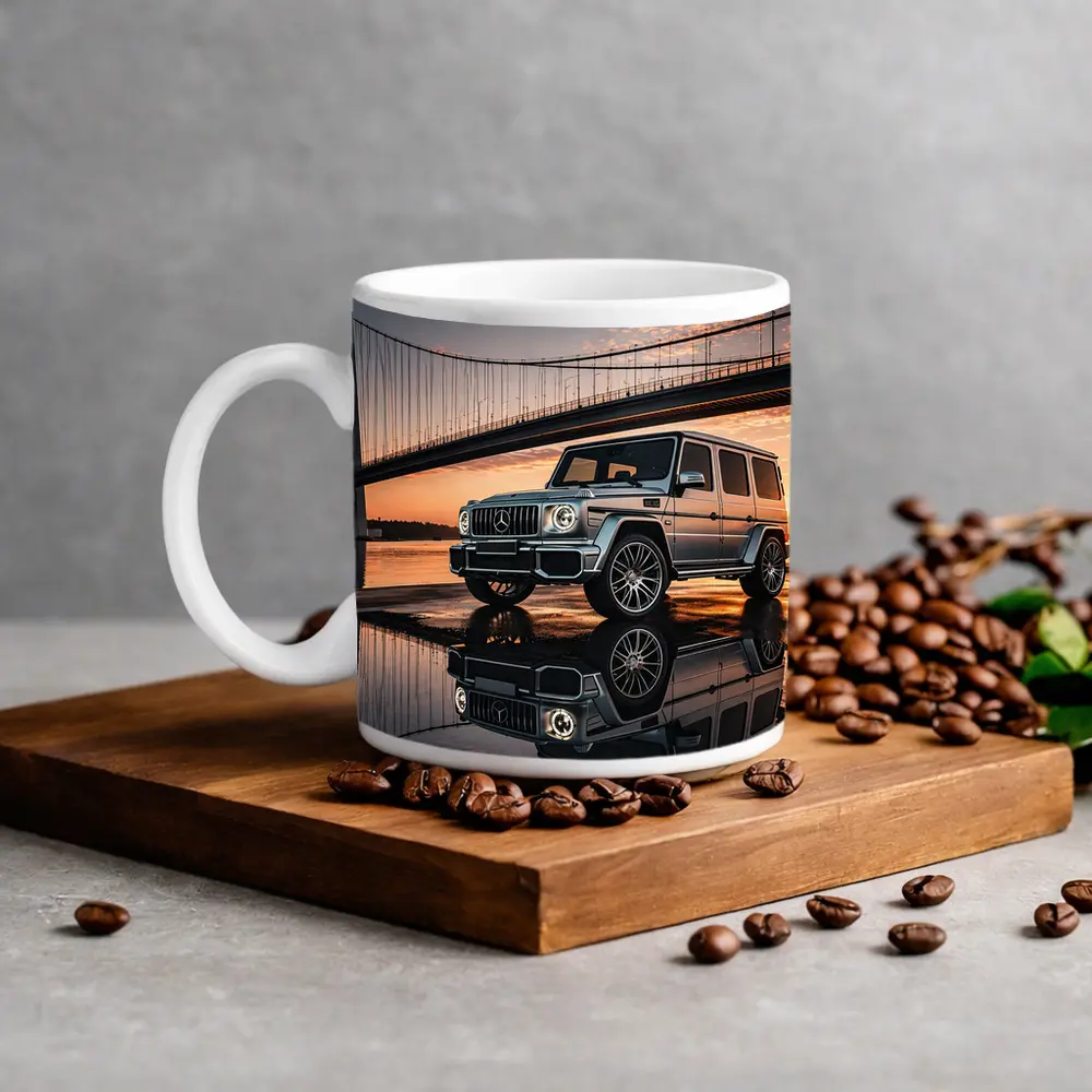 Mercedes G Wagon Silver Bridge Sunset Reflection – Mugs