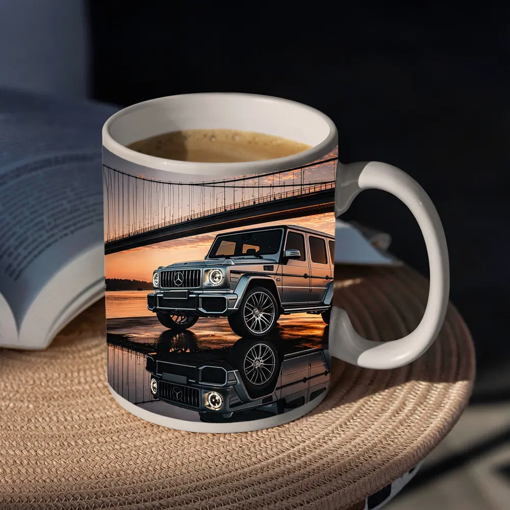 Mercedes G Wagon Silver Bridge Sunset Reflection – Mugs