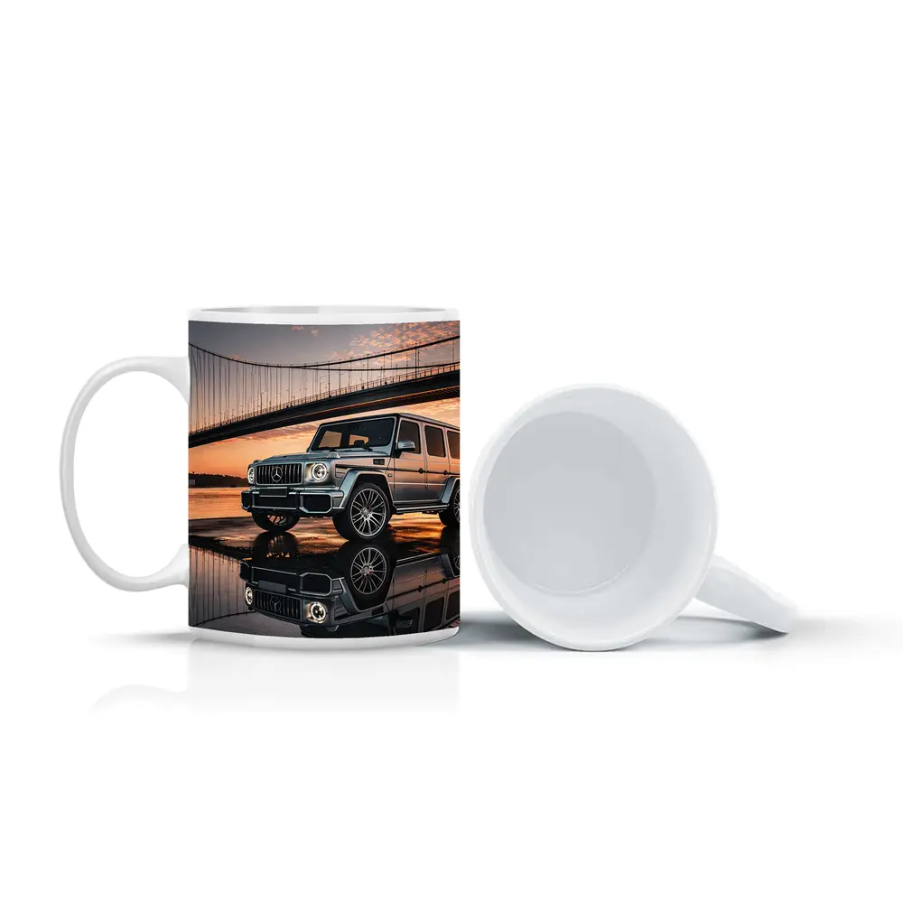Mercedes G Wagon Silver Bridge Sunset Reflection – Mugs