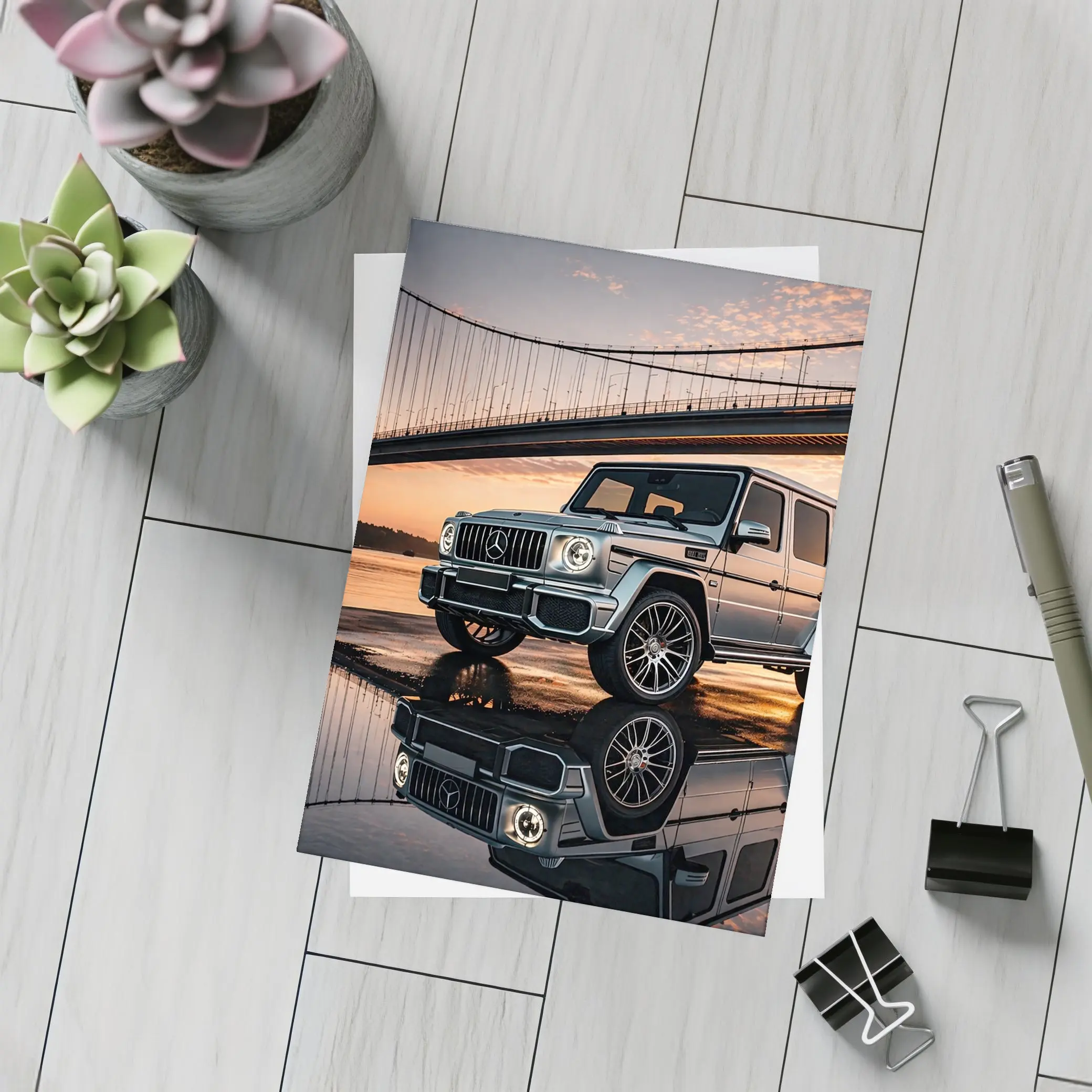 Mercedes G Wagon Silver Bridge Sunset Reflection – Postcards