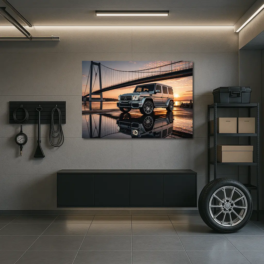 Mercedes G Wagon Silver Bridge Sunset Reflection – Wall Art
