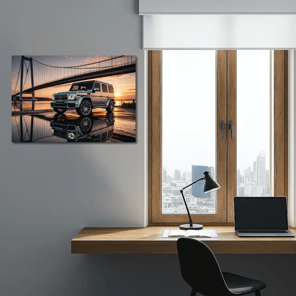 Mercedes G Wagon Silver Bridge Sunset Reflection – Wall Art