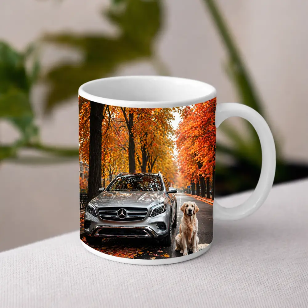 Mercedes GLA Silver SUV Golden Retriever Autumn – Mugs