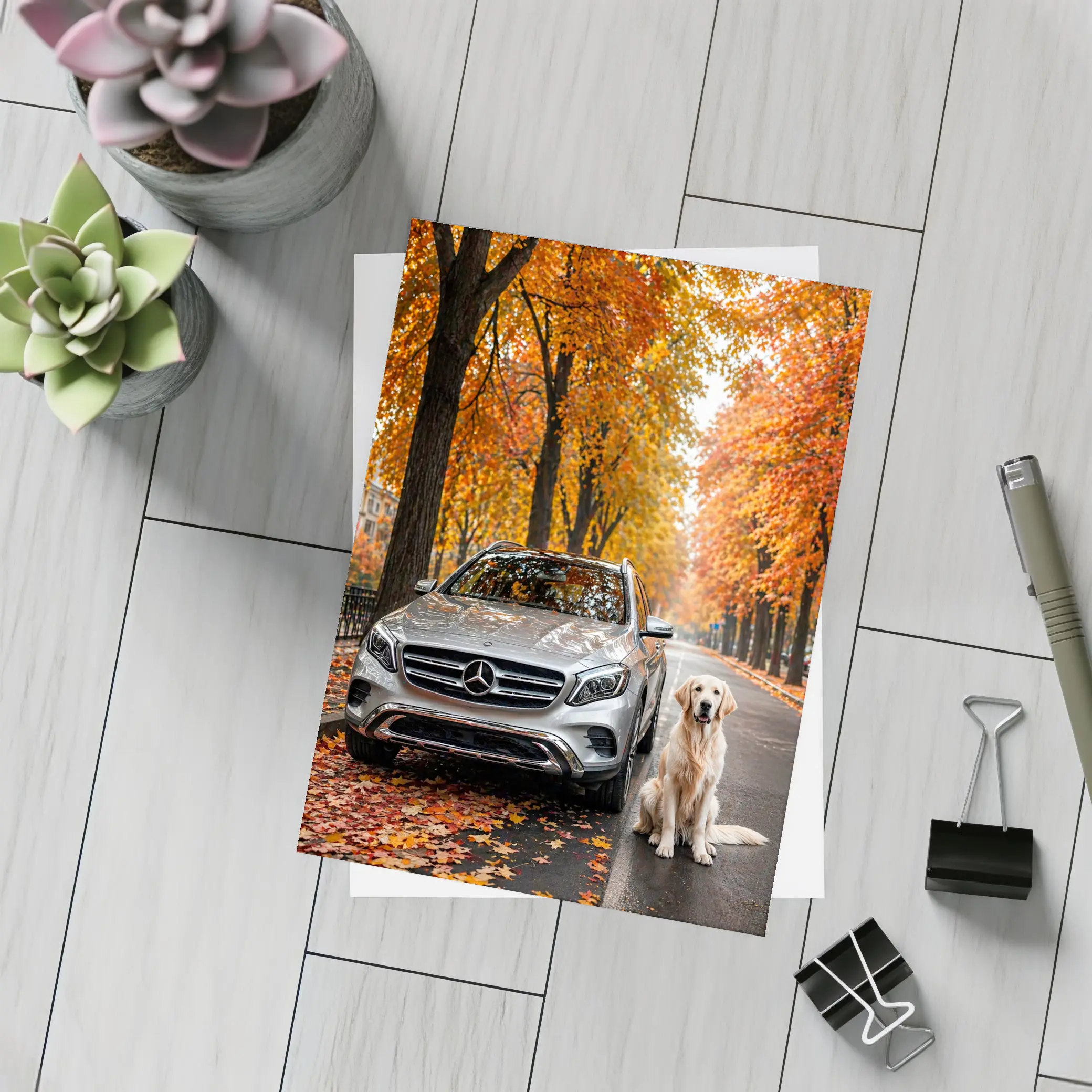 Mercedes GLA Silver SUV Golden Retriever Autumn – Postcards