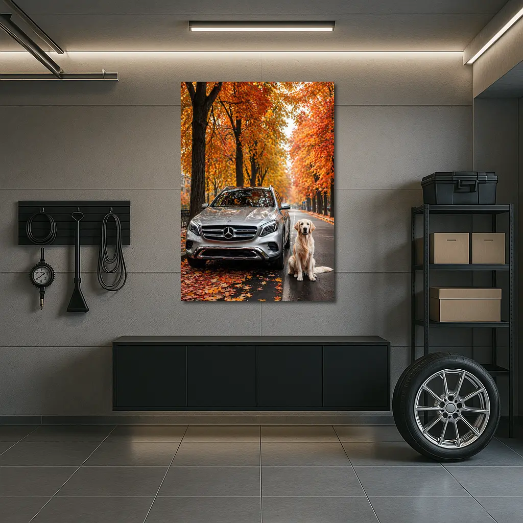 Mercedes GLA Silver SUV Golden Retriever Autumn – Wall Art