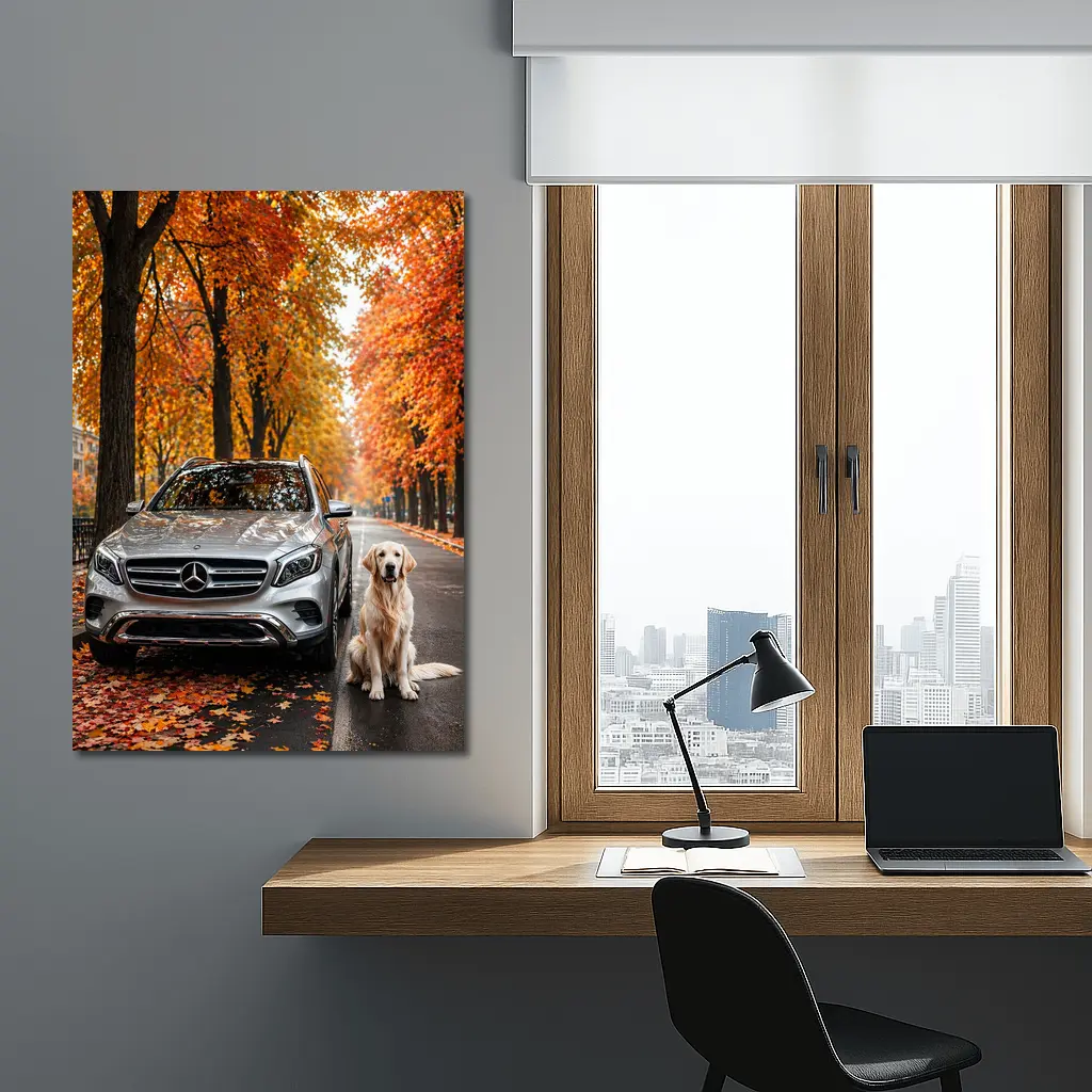 Mercedes GLA Silver SUV Golden Retriever Autumn – Wall Art