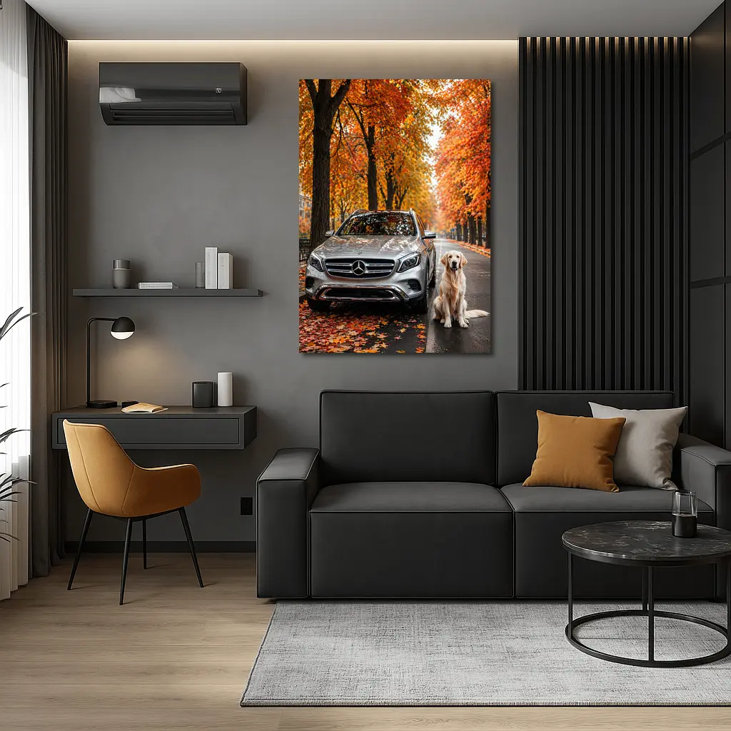 Mercedes GLA Silver SUV Golden Retriever Autumn – Wall Art