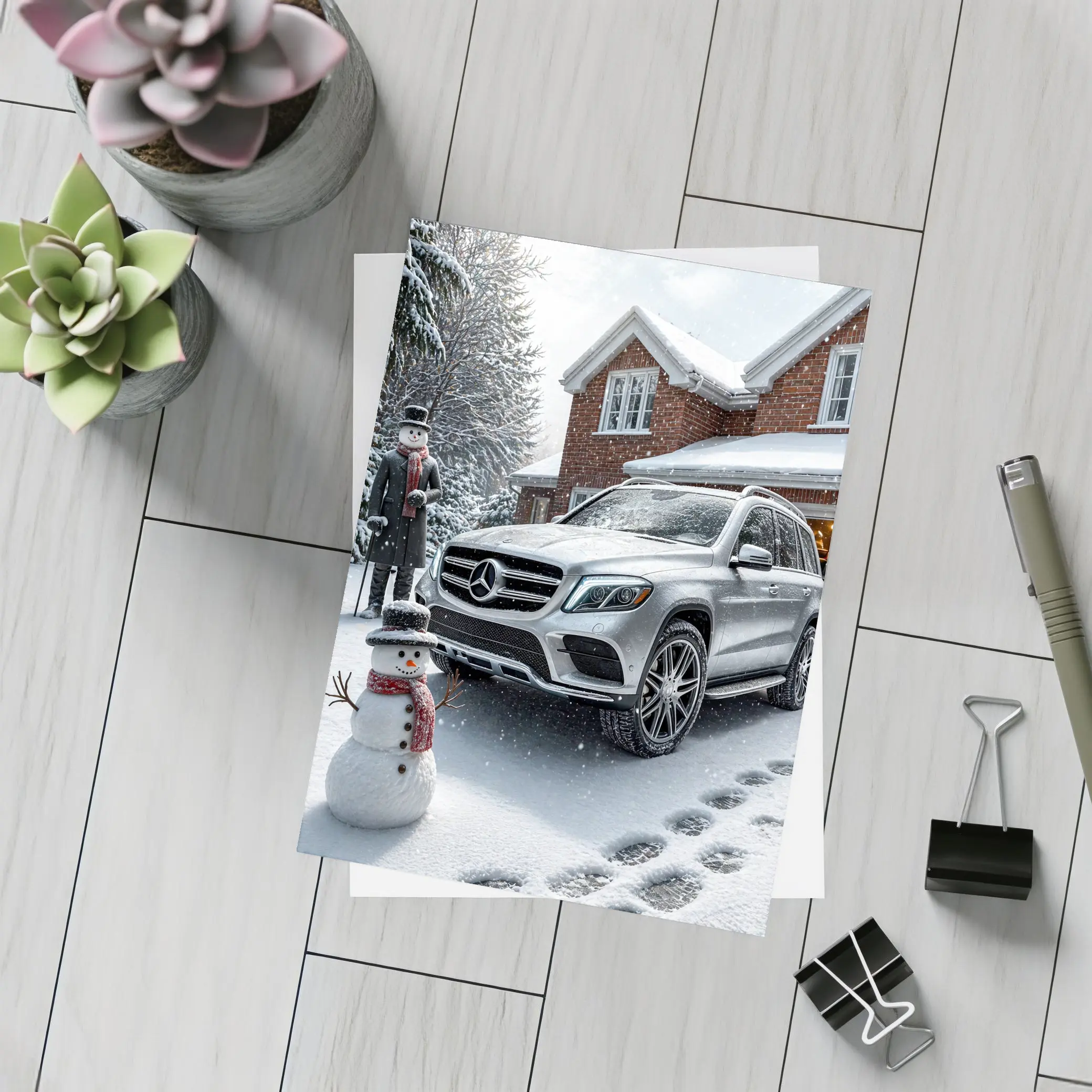 Mercedes Benz GLS Silver SUV Winter Snowman – Postcards