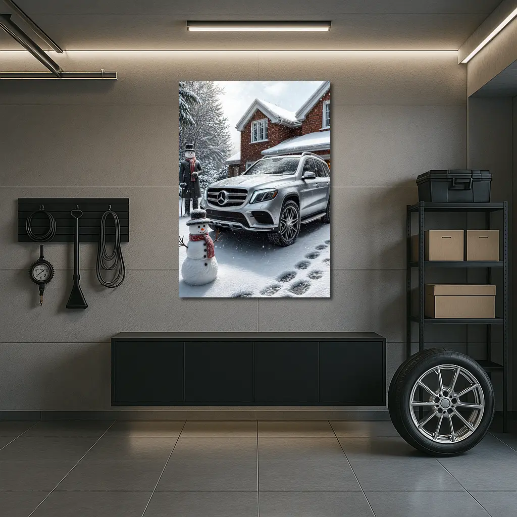 Mercedes Benz GLS Silver SUV Winter Snowman – Wall Art