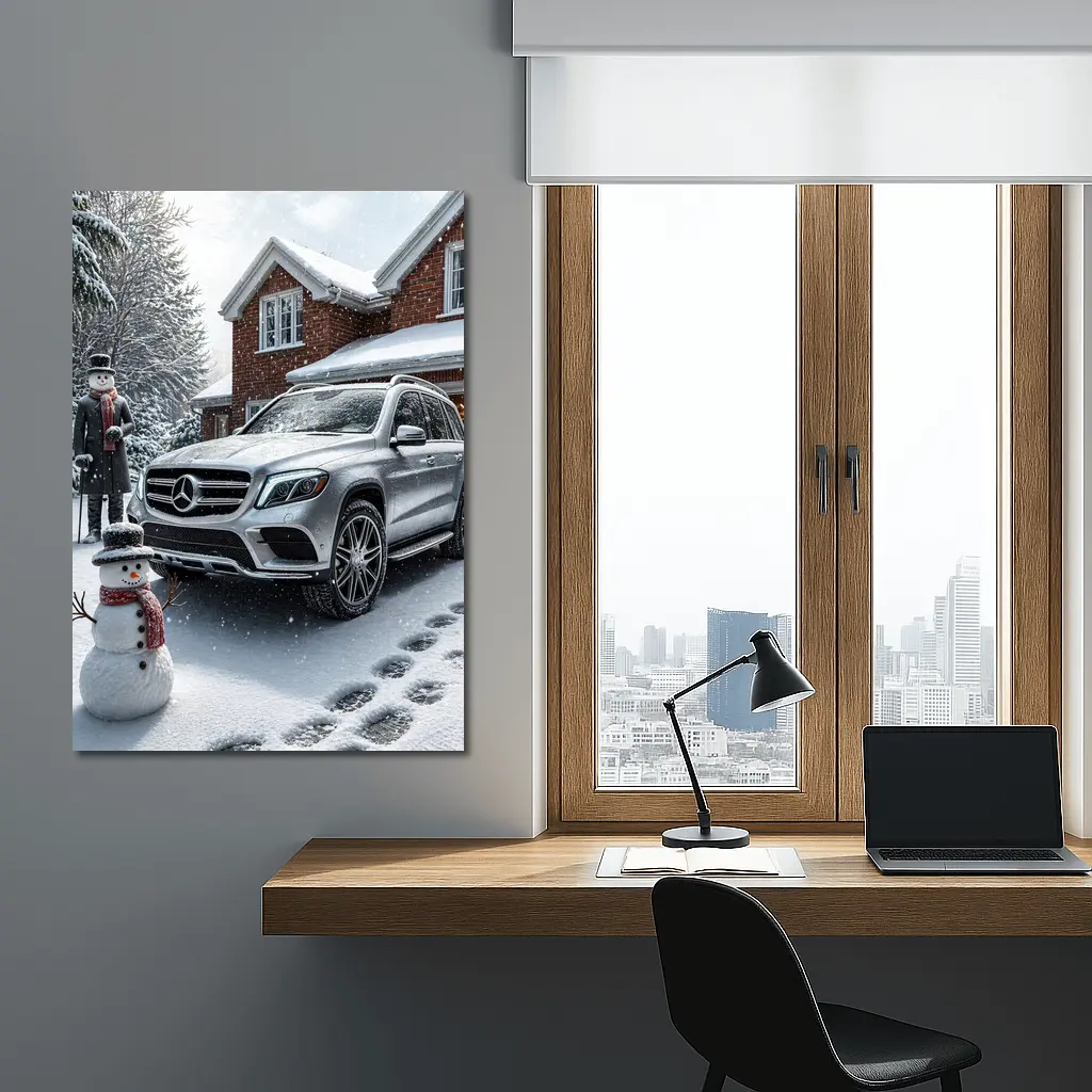 Mercedes Benz GLS Silver SUV Winter Snowman – Wall Art