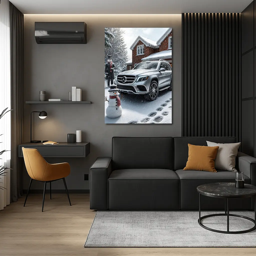 Mercedes Benz GLS Silver SUV Winter Snowman – Wall Art