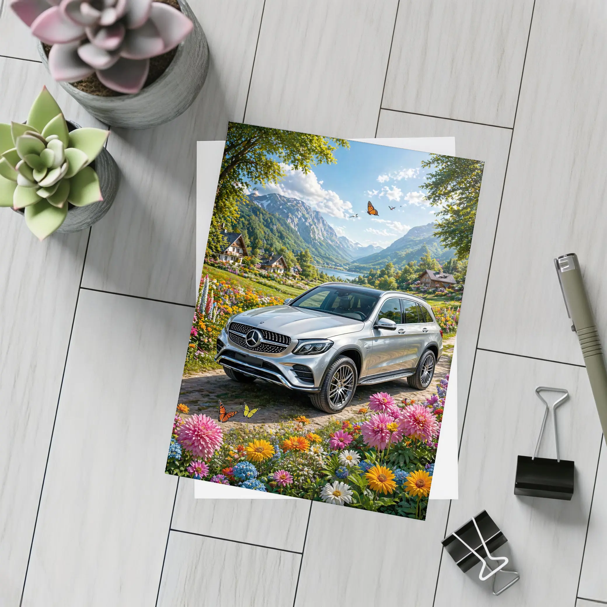 Mercedes Benz GLC Silver Mountain Floral Scene – Postcards