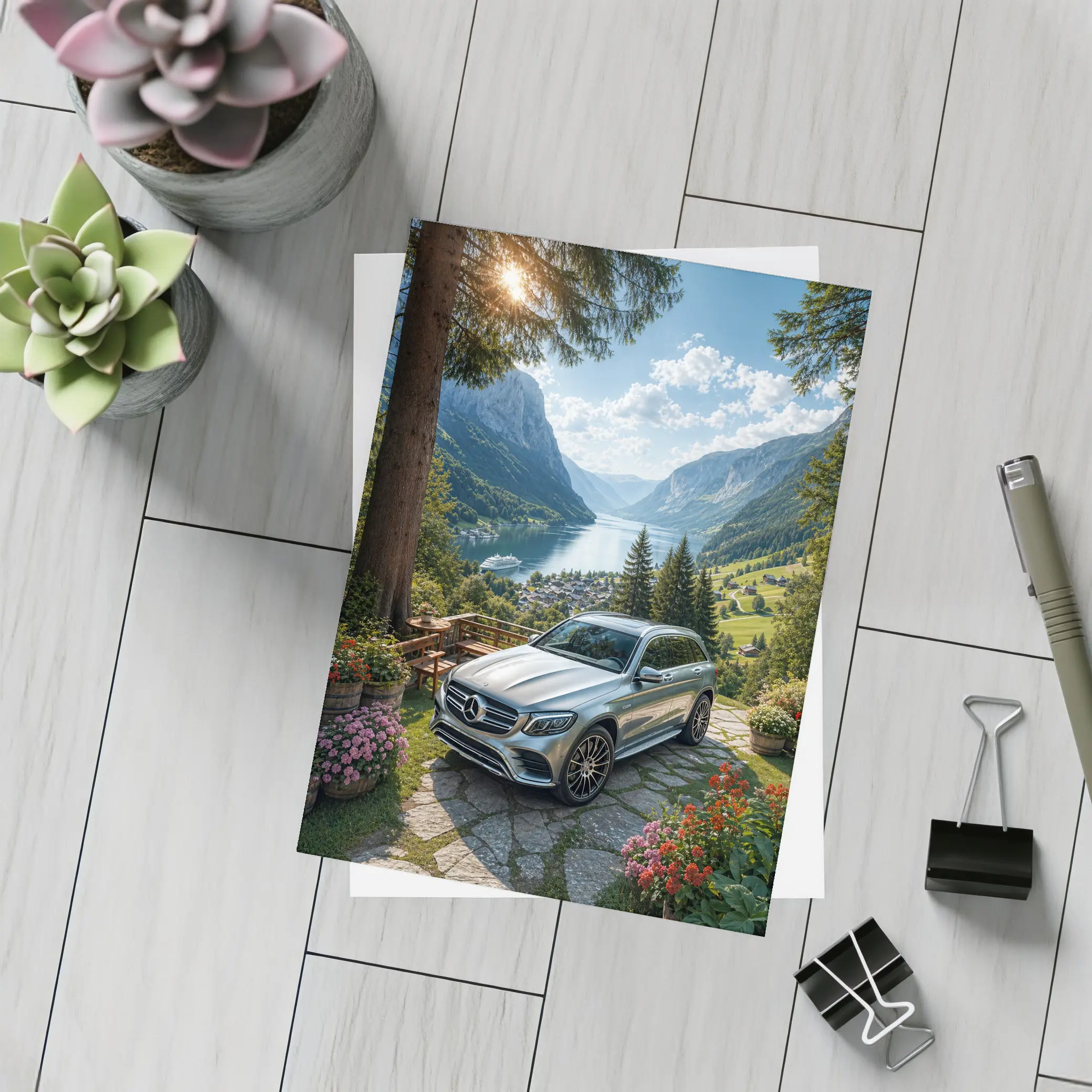 Mercedes GLC Silver SUV Alpine Valley View – Postcards