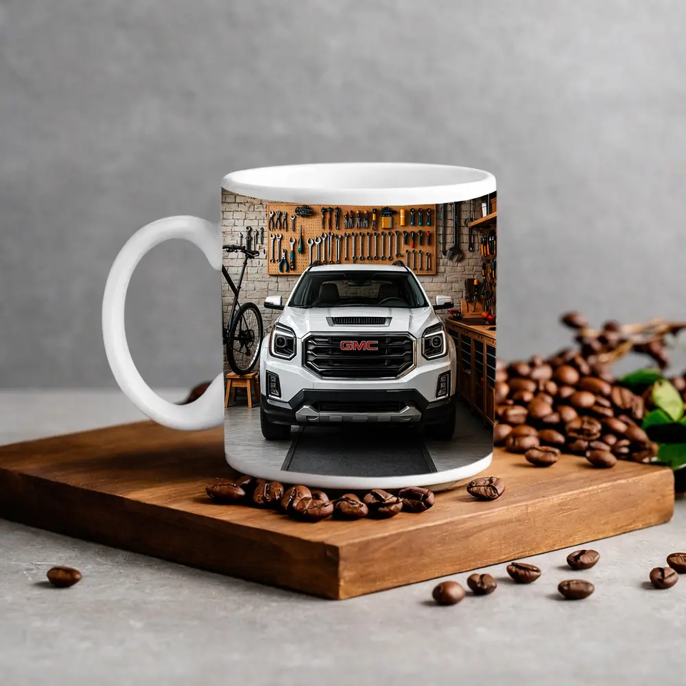 GMC Terrain White SUV in Garage – Mugs