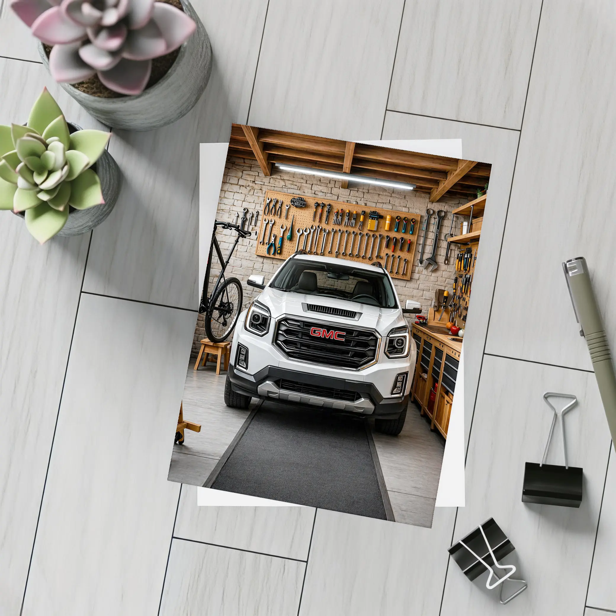 GMC Terrain White SUV in Garage – Postcards