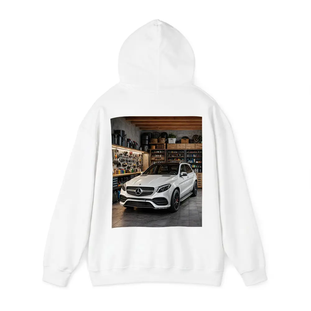 Mercedes GLE White SUV Garage Setting – Hoodies
