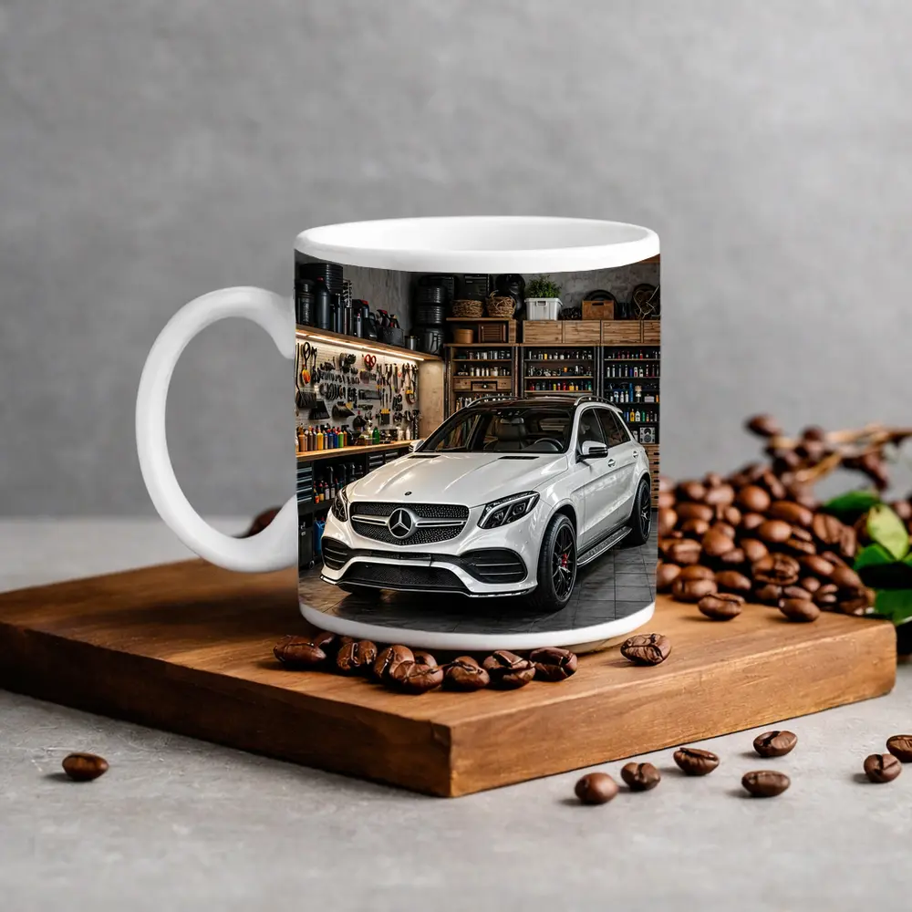 Mercedes GLE White SUV Garage Setting – Mugs