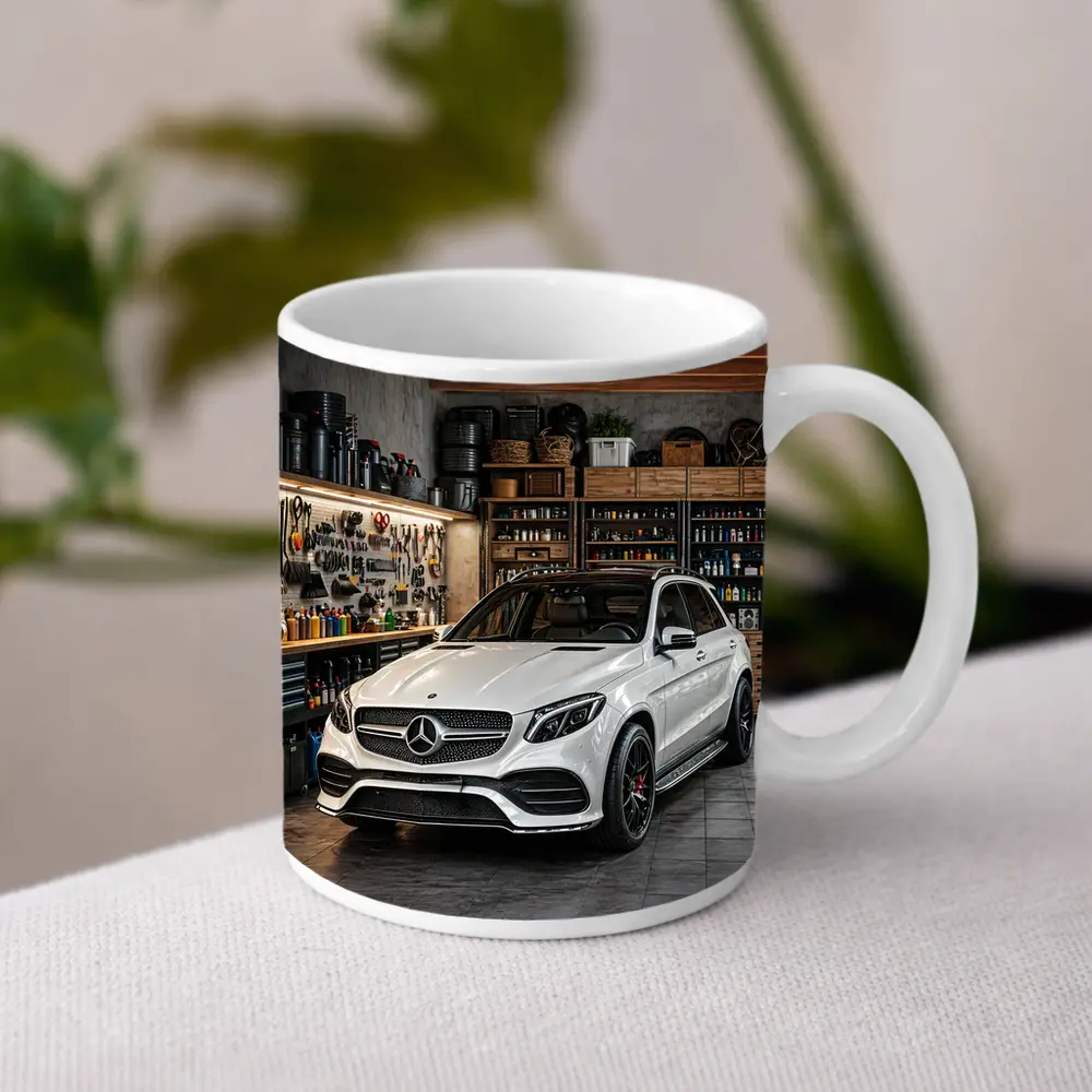 Mercedes GLE White SUV Garage Setting – Mugs
