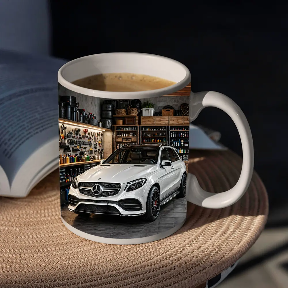 Mercedes GLE White SUV Garage Setting – Mugs