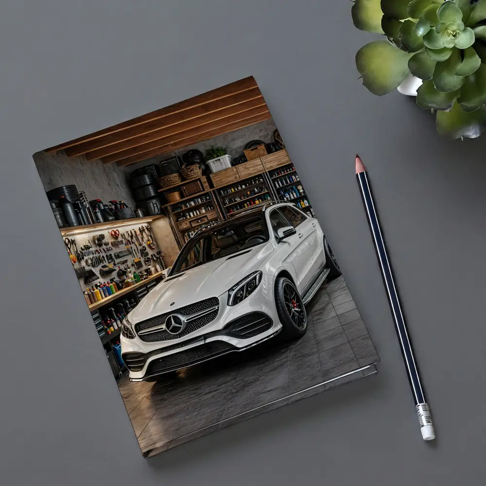 Mercedes GLE White SUV Garage Setting – Notebooks