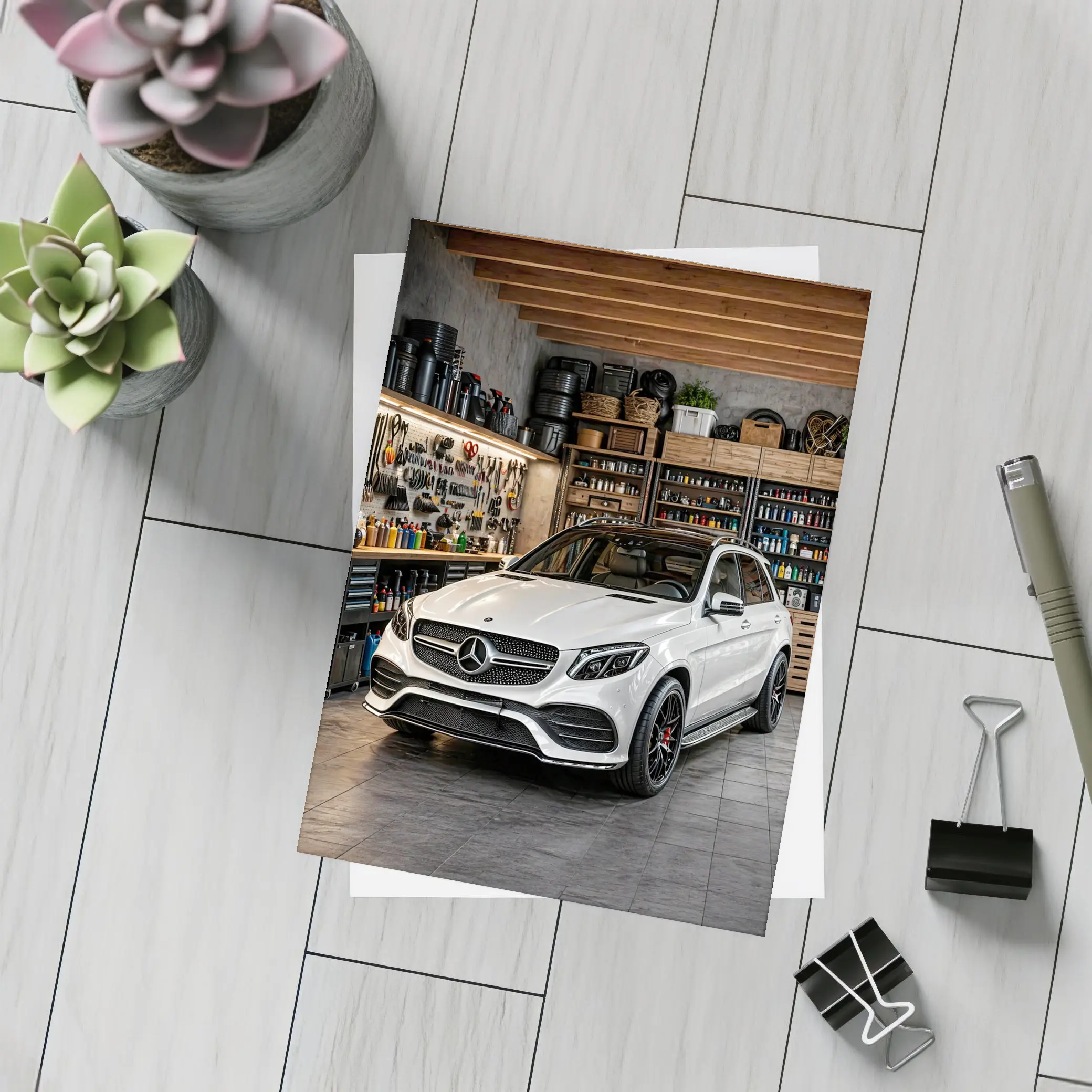 Mercedes GLE White SUV Garage Setting – Postcards