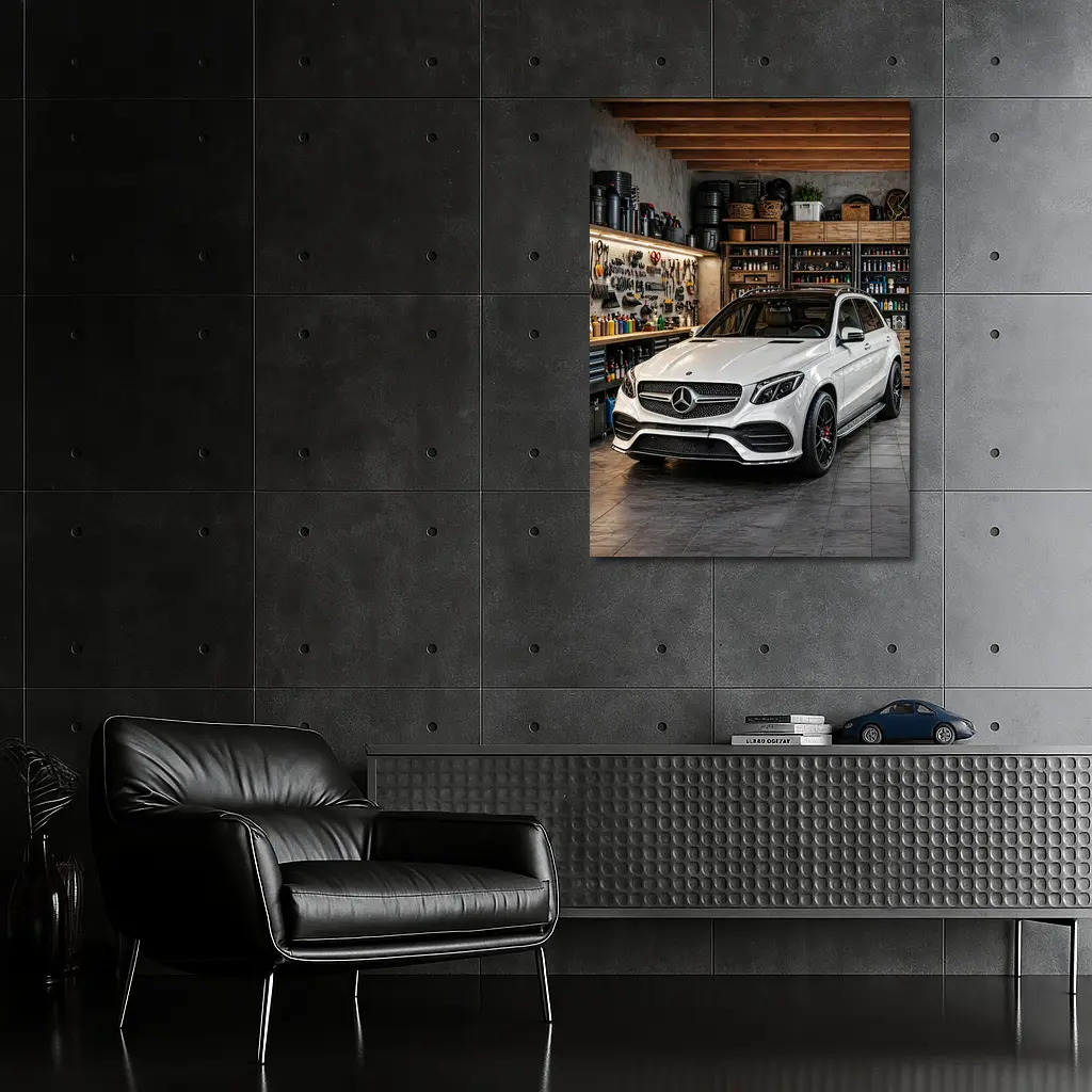 Mercedes GLE White SUV Garage Setting – Wall Art
