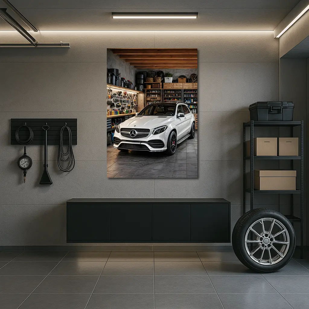 Mercedes GLE White SUV Garage Setting – Wall Art