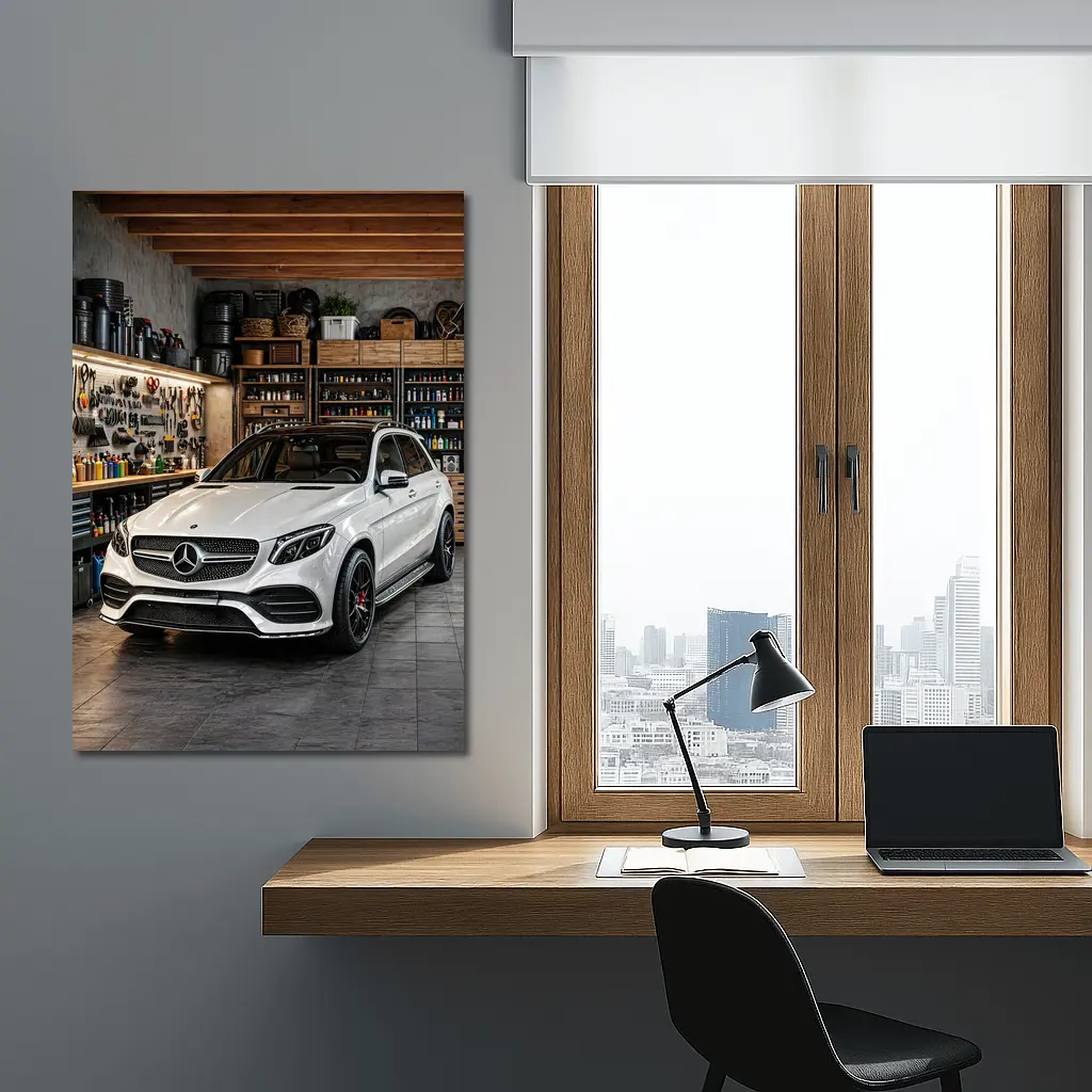 Mercedes GLE White SUV Garage Setting – Wall Art