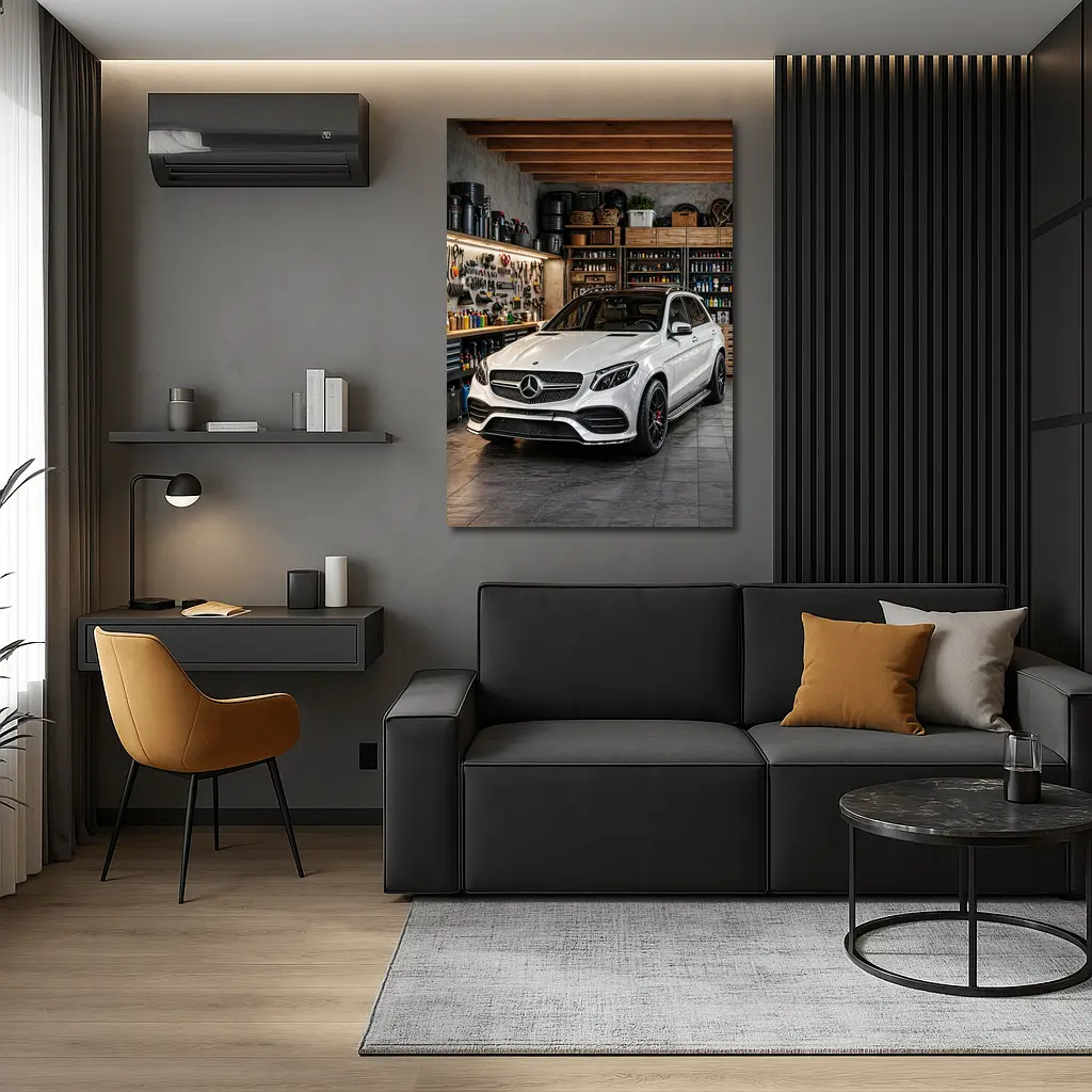 Mercedes GLE White SUV Garage Setting – Wall Art