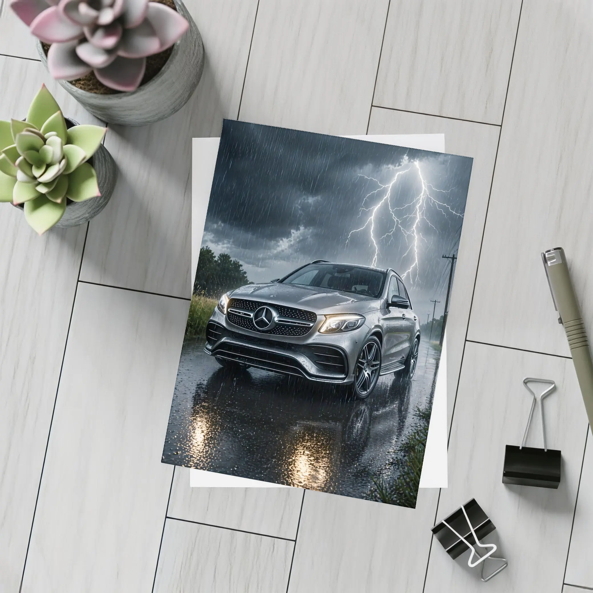 Mercedes GLE SUV in Thunderstorm Rain – Postcards