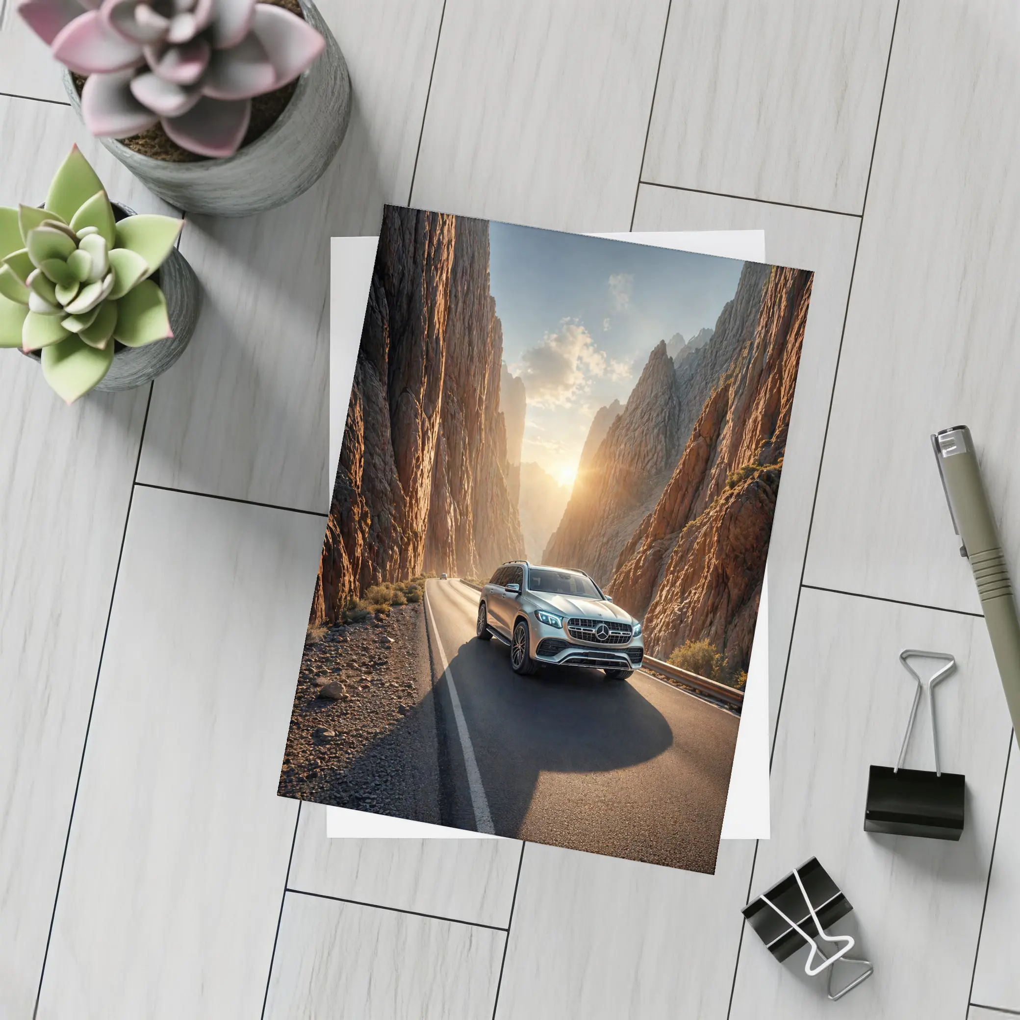 Mercedes GLS SUV Driving Through Rocky Canyon – Postcards