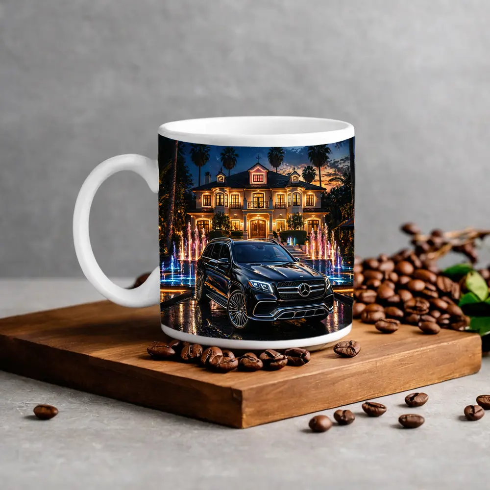 Mercedes GLS Black SUV Luxury Mansion Night – Mugs