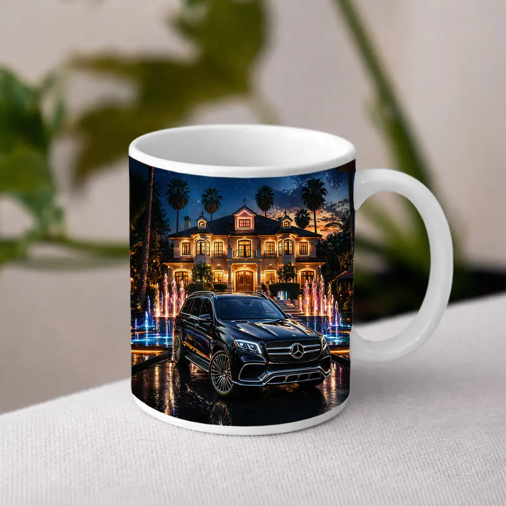 Mercedes GLS Black SUV Luxury Mansion Night – Mugs