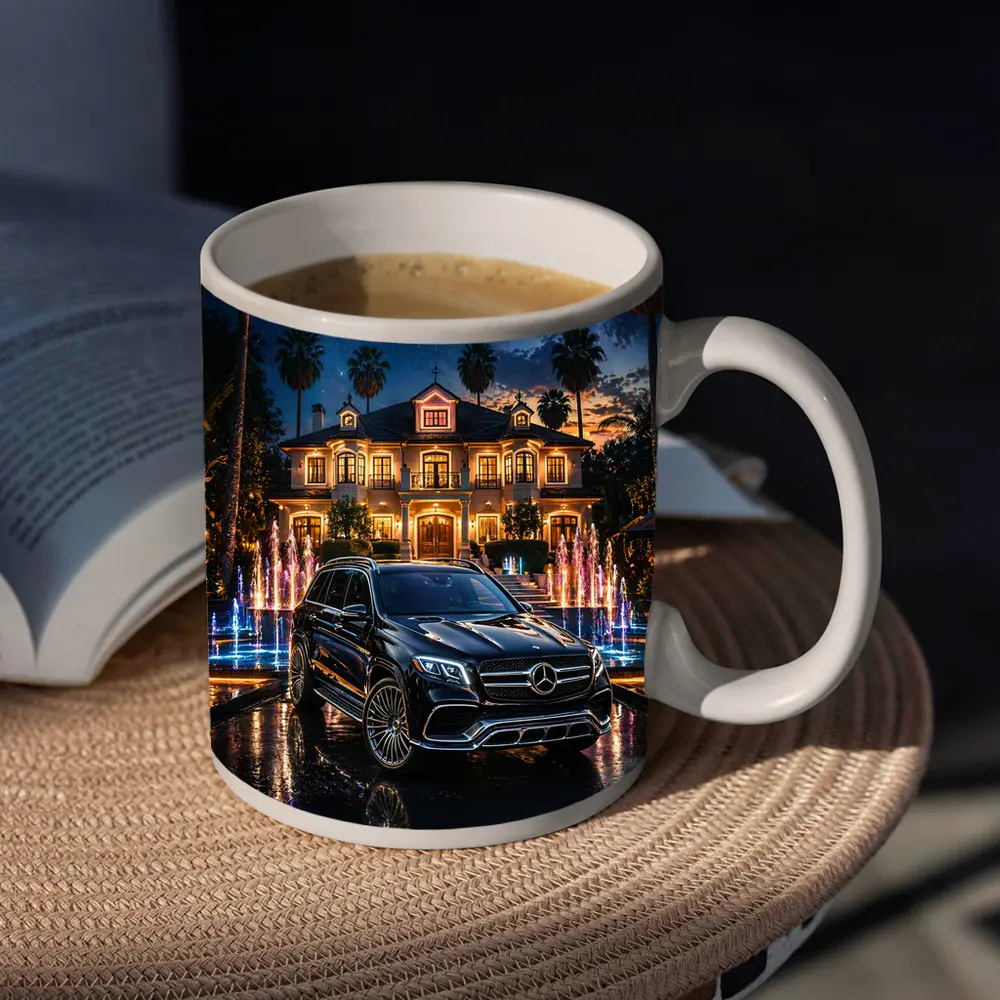 Mercedes GLS Black SUV Luxury Mansion Night – Mugs