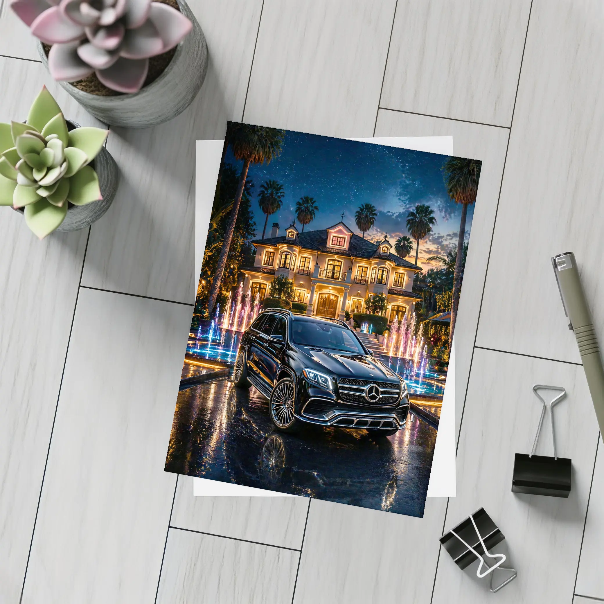 Mercedes GLS Black SUV Luxury Mansion Night – Postcards