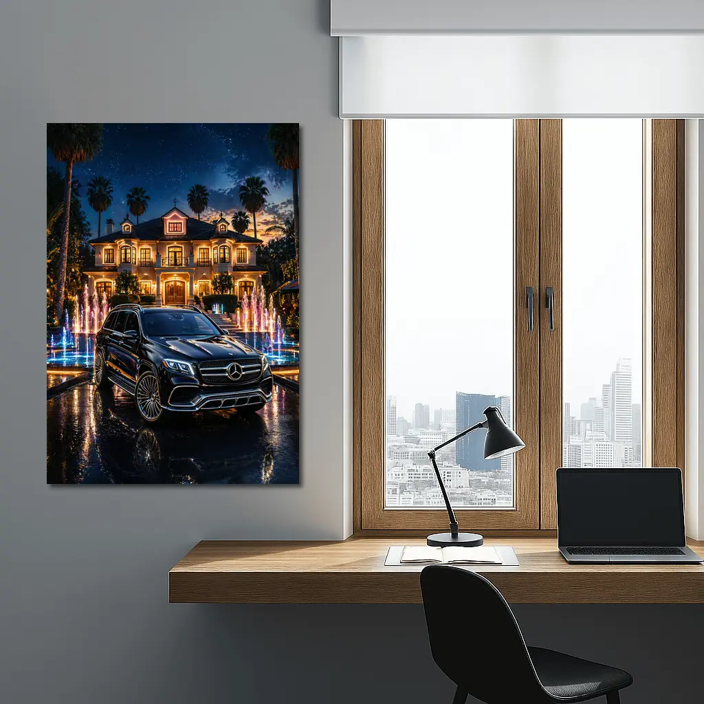 Mercedes GLS Black SUV Luxury Mansion Night – Wall Art