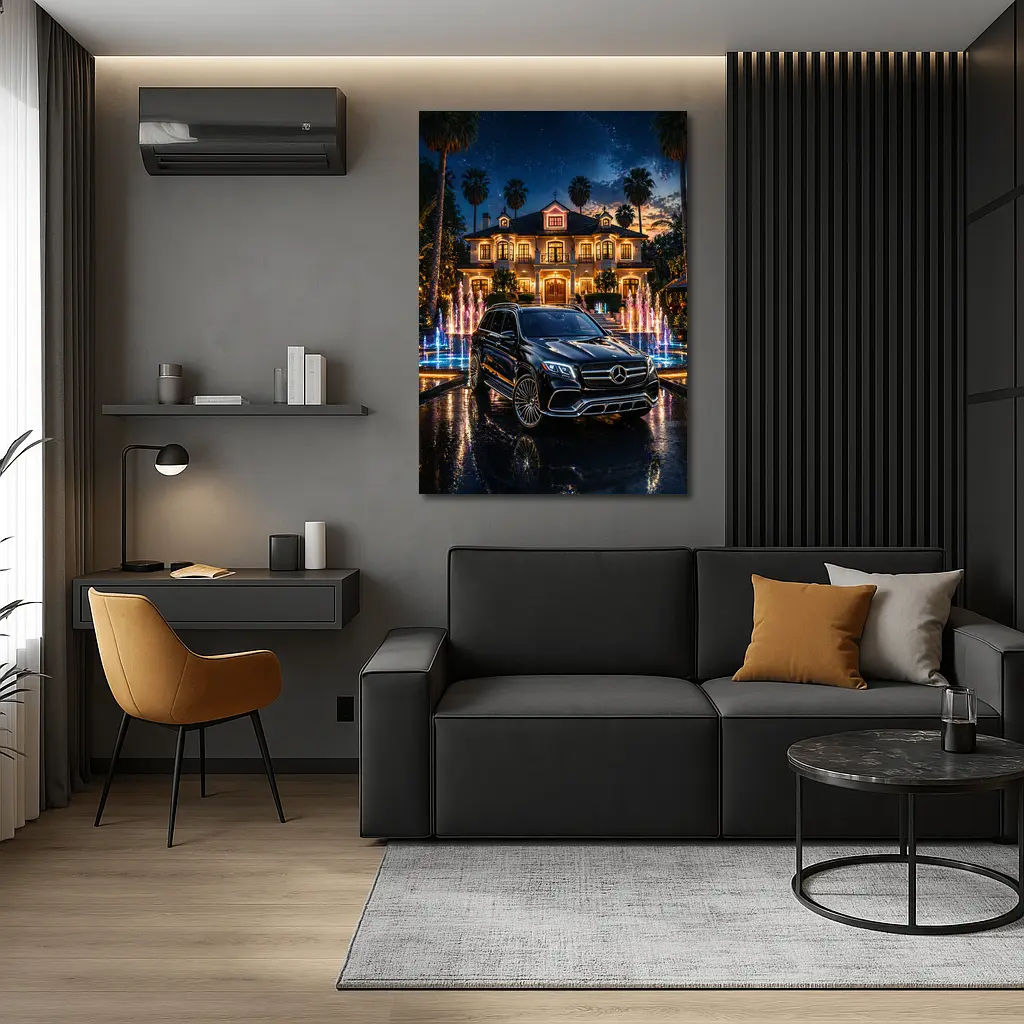 Mercedes GLS Black SUV Luxury Mansion Night – Wall Art