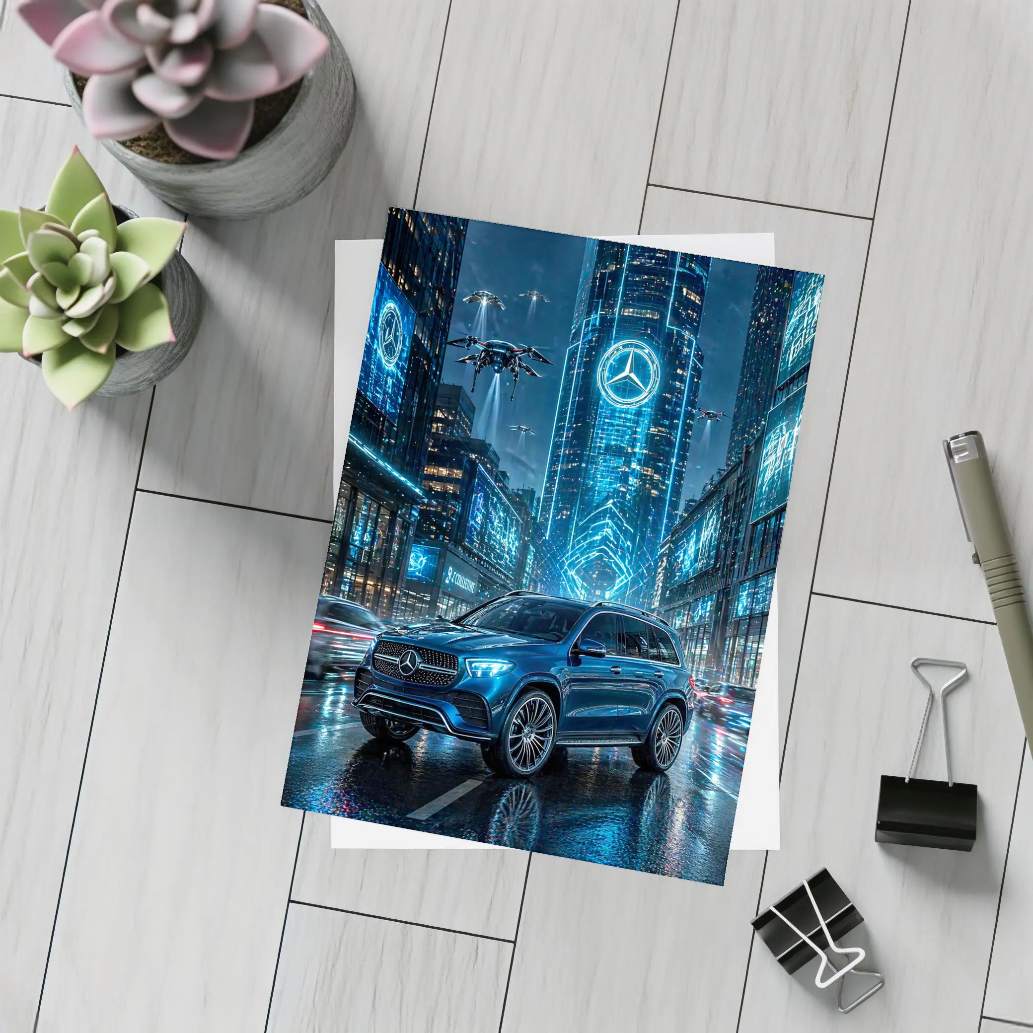 Mercedes GLE Blue Neon Futuristic City Night – Postcards