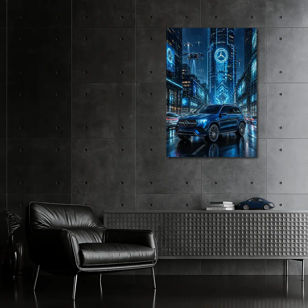 Mercedes GLE Blue Neon Futuristic City Night – Wall Art