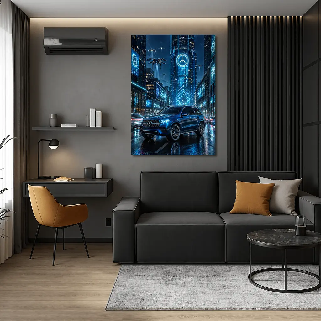 Mercedes GLE Blue Neon Futuristic City Night – Wall Art